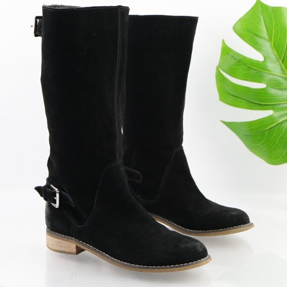Kelsi Dagger Womens Tassie Boots Size 7.5 Black Suede Slouch Pull On Moto Buckle - Picture 16 of 16